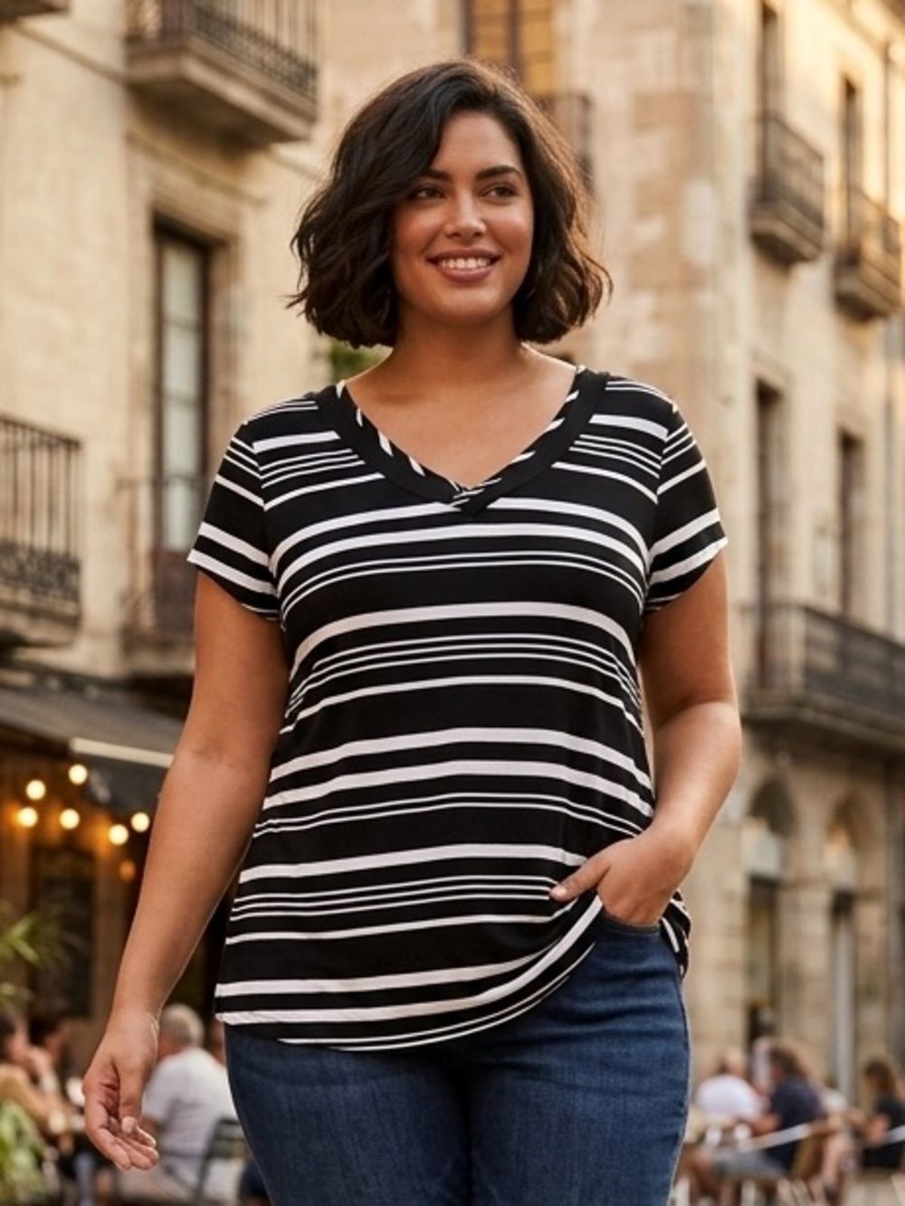 Take 50% OFF- Dex Black & White Striped V-Neck Tee, Size-1X